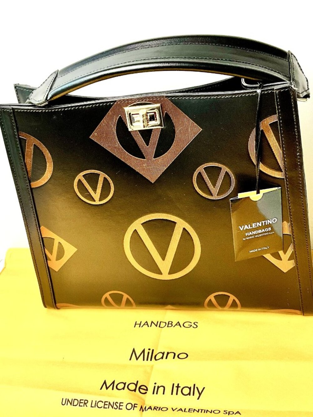 Valentino  V Logo Signature Large Bag Black Gold Monogram Made in Italy